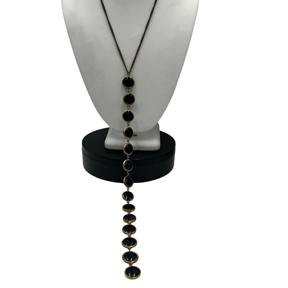 Lena‎ Bernard Signed Stepping Stone Bezel Round Goldstone Long Y Drop Necklace